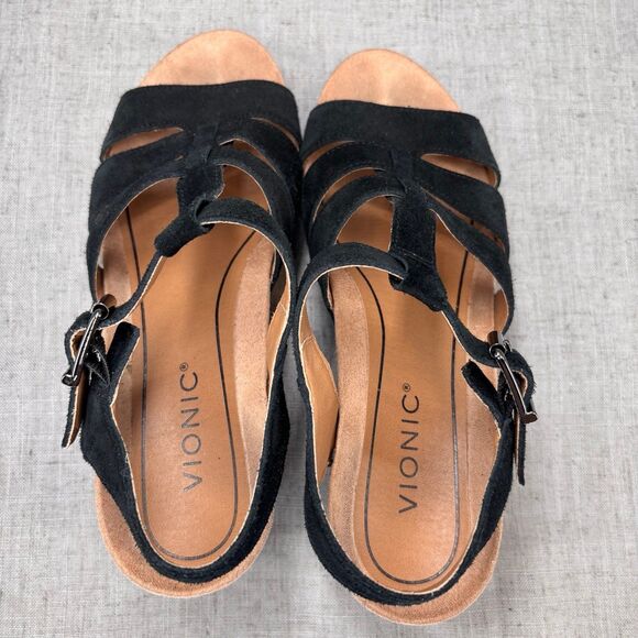 Vionic Tawny Wedge Heels Black Suede Strappy Sandals Platform Women's Size 8 - Picture 7 of 11